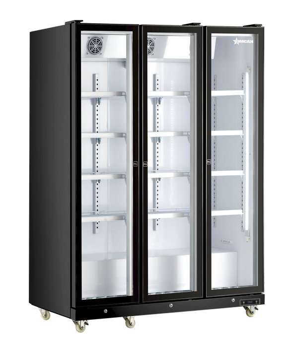 60” Three (3) Glass Door Display Refrigerator with LED Light, 42 cu.ft. (1200 L), Black