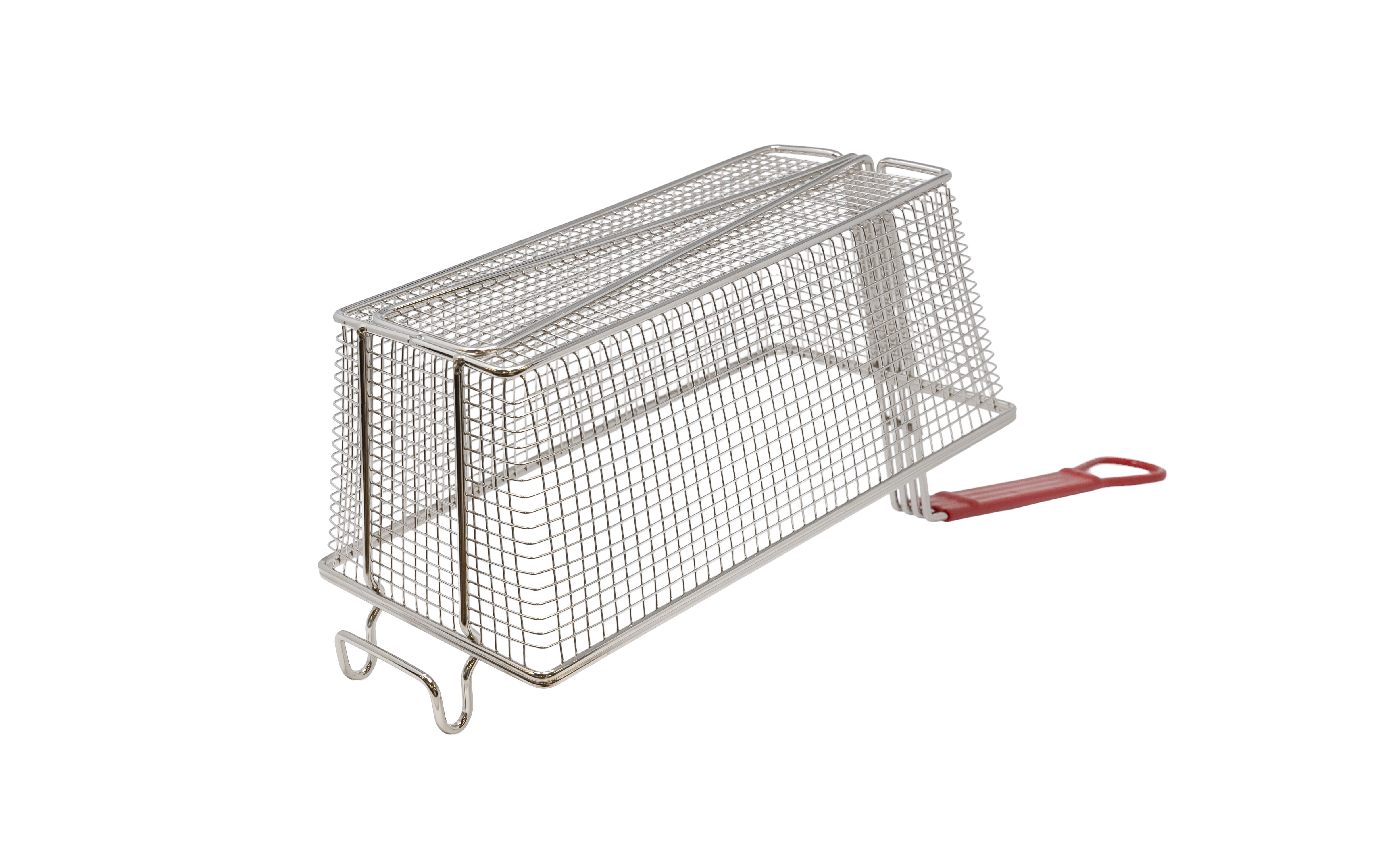 13" x 6 1/2" x 5" Nickel-Plated Iron Fryer Basket with Red Handle
