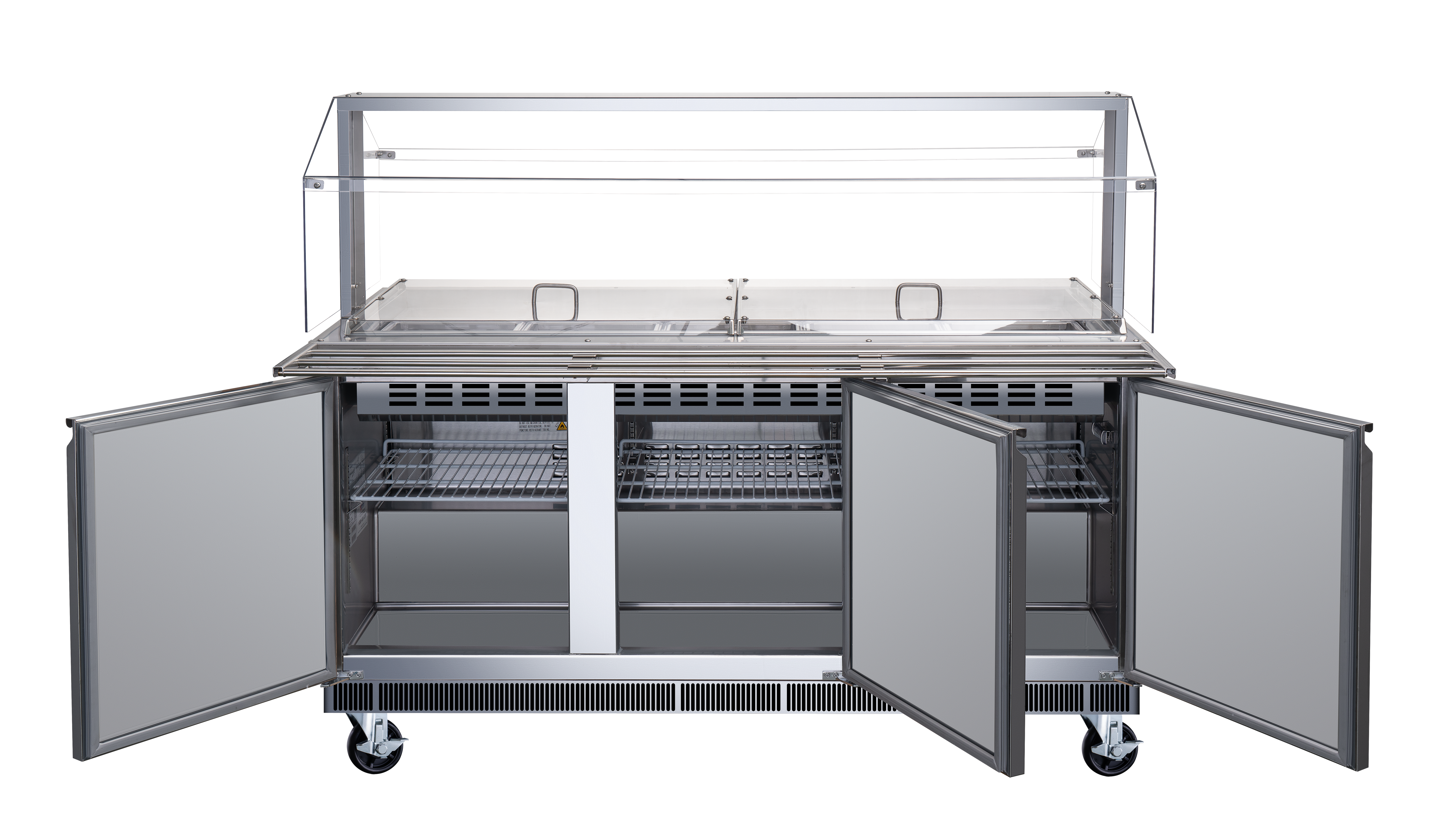 72″ Stainless Steel Refrigerated Salad Bar / Cold Food Table with Sneeze Guard, Tray Slide and Pan Covers