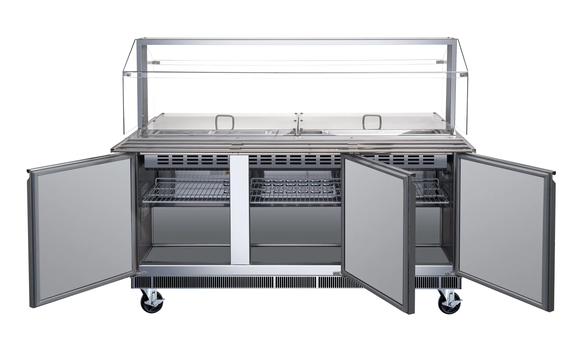 72″ Stainless Steel Refrigerated Salad Bar / Cold Food Table with Sneeze Guard, Tray Slide and Pan Covers