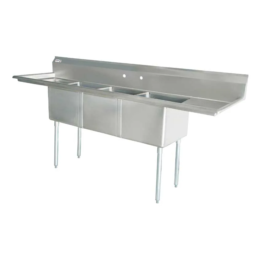 18″ x 18″ x 11″ 18-gauge stainless steel Three Tub Sink with 1.8″ Corner Drain and Two Drainboards