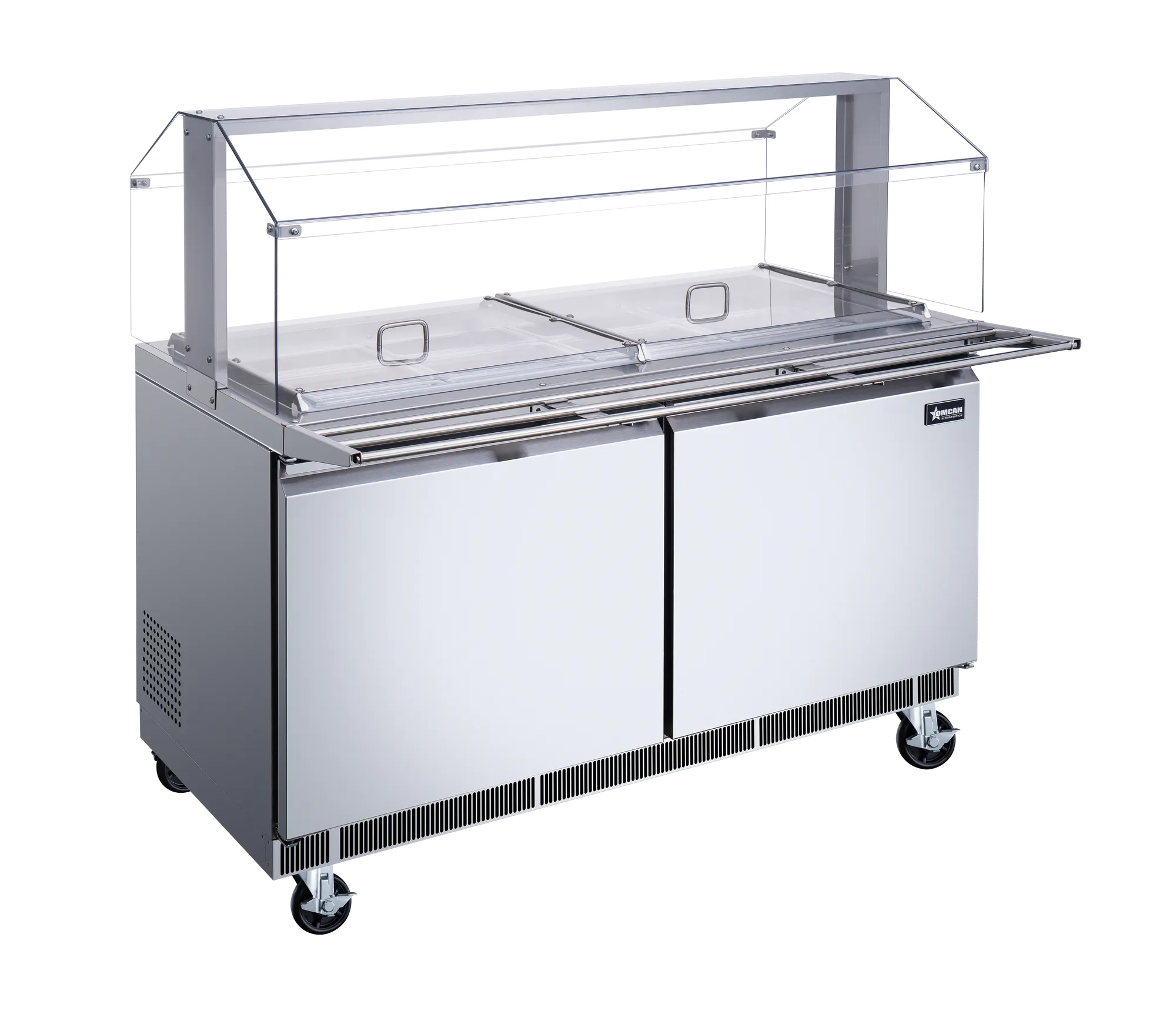 60″ Stainless Steel Refrigerated Salad Bar / Cold Food Table with Sneeze Guard, Tray Slide and Pan Covers