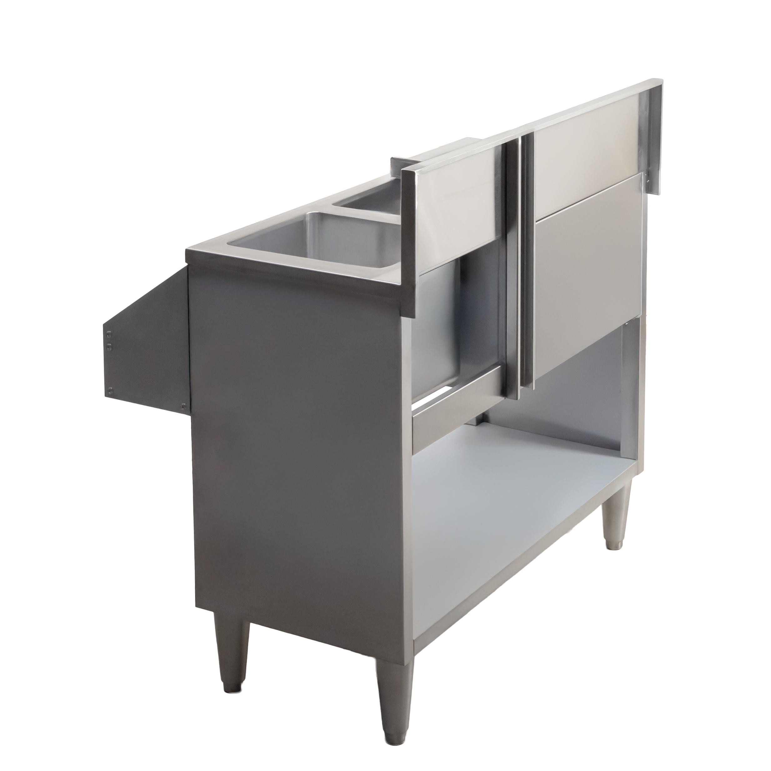 36″ Cocktail Mix Unit with 7″ Back Splash, 20″ x 12″ x 10″ Ice Bin with Sliding Cover, and 10″ x 12″ x 10″ Sinks