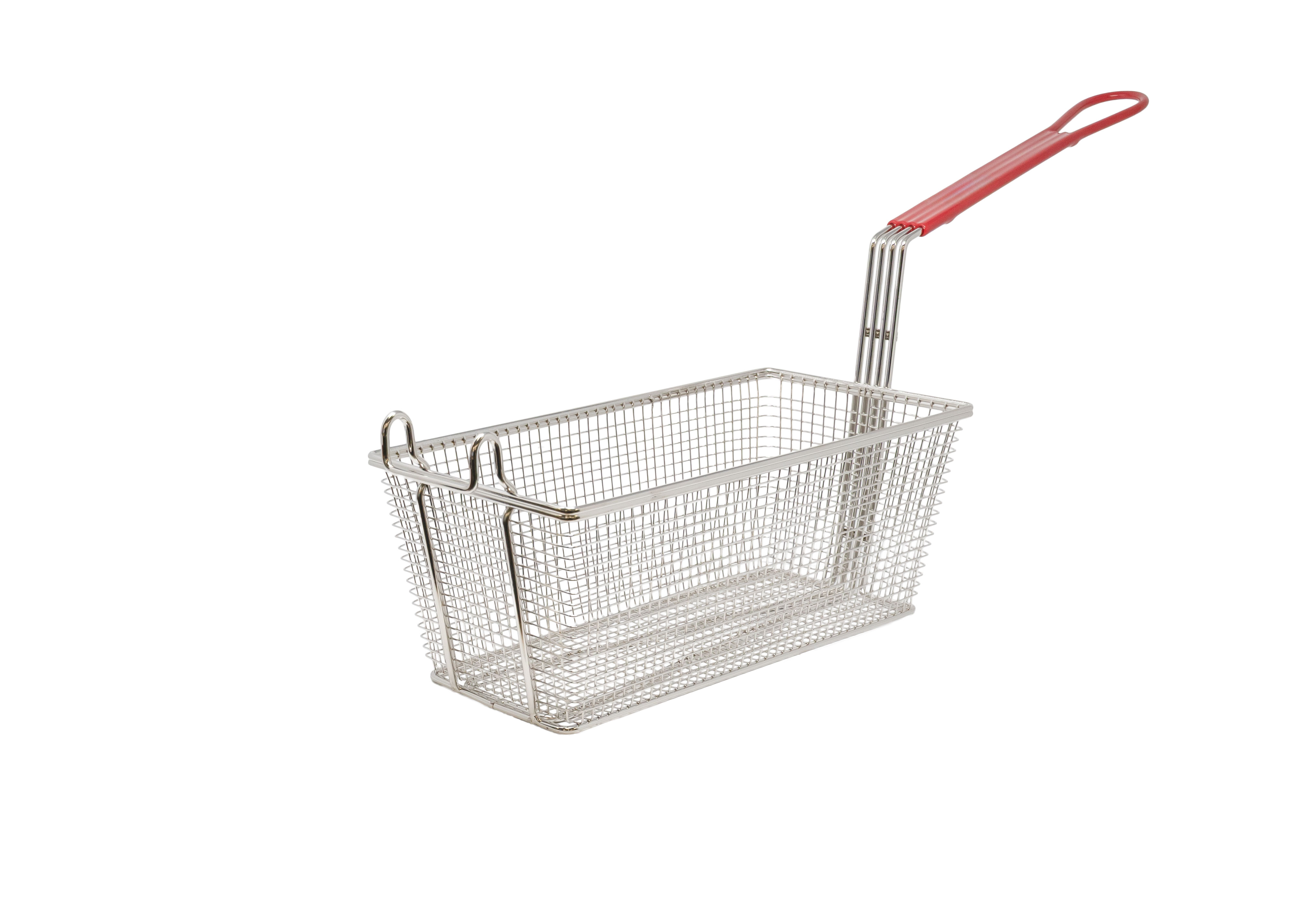 13" x 6 1/2" x 5" Nickel-Plated Iron Fryer Basket with Red Handle
