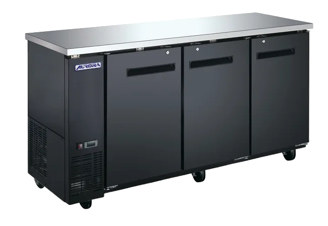 Aurora 73″ Black Back Bar Cooler, 3 Solid Doors,18.5 cu.ft. (525L) Capacity with Stainless Steel Countertop – 110V, 396W