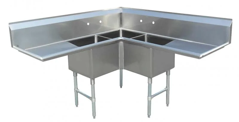 18″ x 18″ x 14″ 18-gauge stainless steel Three Compartment Corner Sink with Two Drainboards and 3.5″ Center Drain