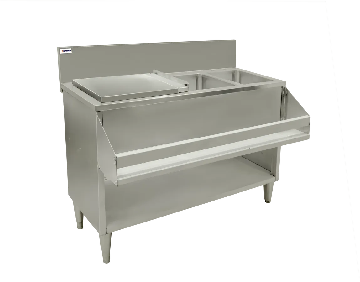 48″ Cocktail Mix Unit with 7″ Back Splash, 32″ x 12″ x 10″ Ice Bin with Sliding Cover, and 10″ x 12″ x 10″ Sinks