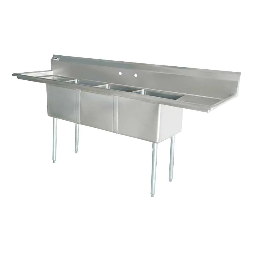 18″ x 21″ x 14″ 18-gauge stainless steel Three Tub Sink with Center Drain and Two Drainboards