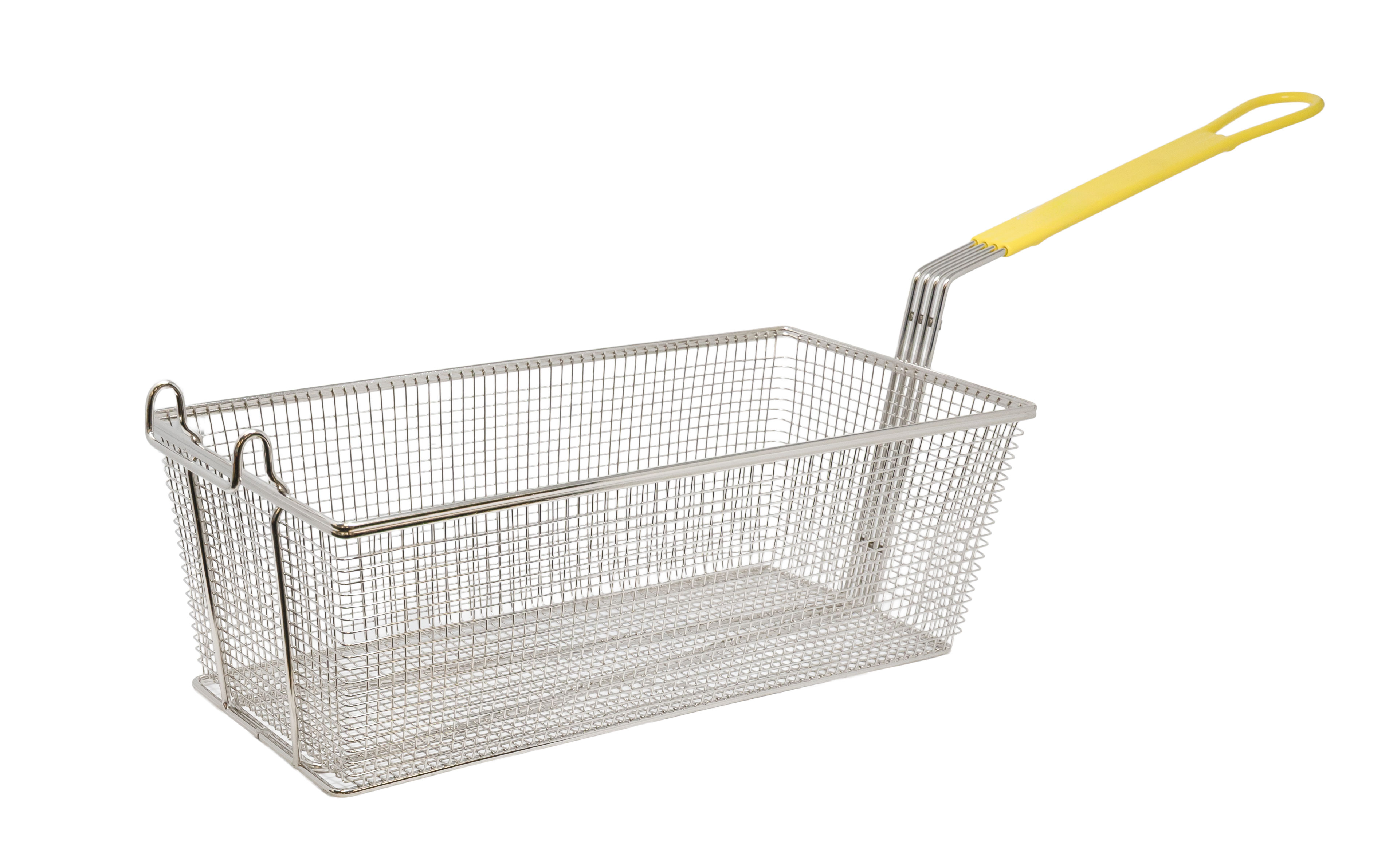 17″ x 8 1/4″ x 6″ Nickel-Plated Iron Fryer Basket with Yellow Handle