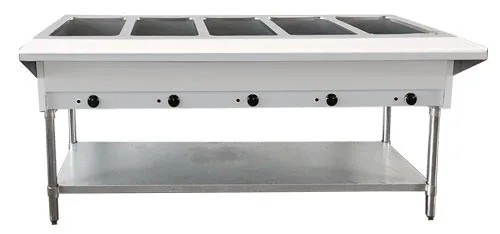 5 Pan Open Well Propane Steam Table with Cutting Board and Undershelf